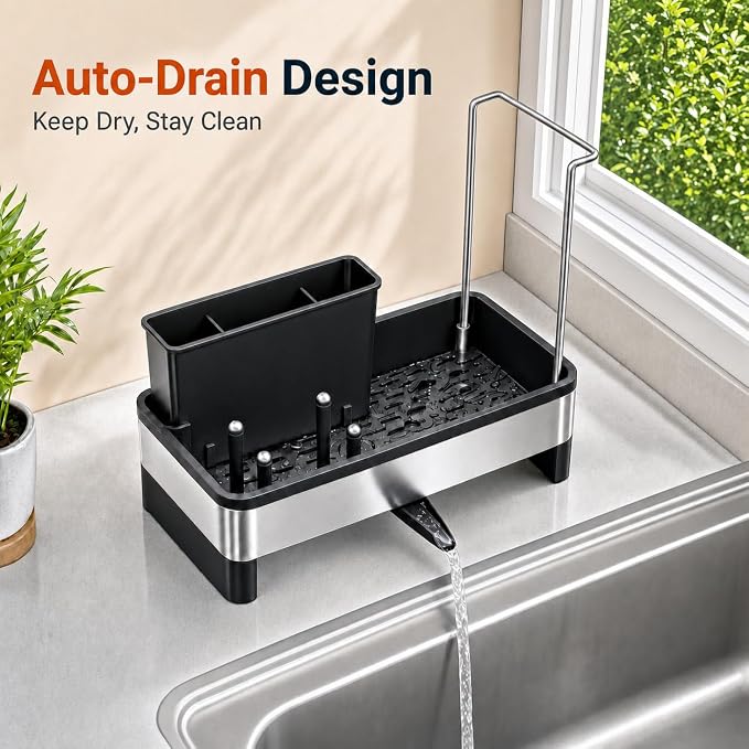 Laveshop Sponge Holder for Kitchen Sink, Rustproof Stainless Steel Sink Caddy with Auto-Drain, Removable Brush Holders, Soap and Dishcloth Organizer, Black