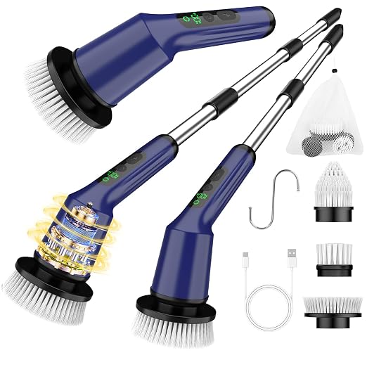 Electric Spin Scrubber for Cleaning Bathroom, Shower Scrubber Cordless Cleaning Brush with IPX7 Waterproof & 2 Speed, 3 Brush Heads, Bathroom Cleaning Supplies for Shower Tub Kitchen Tile Toilet Navy