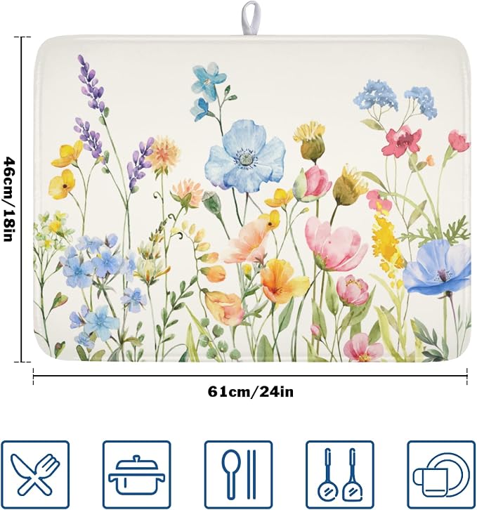 Botanical Floral Dish Drying Mat for Kitchen Counter 18x24 Inch | Wildflower，Polyester，Absorbent Microfiber，for Kitchen Coffee Dining Bar Decor