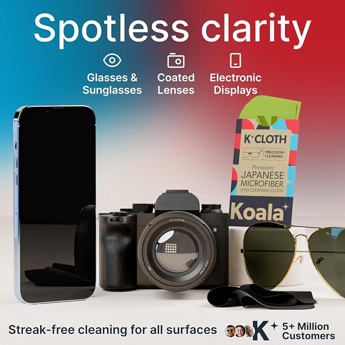 Koala Lens Cleaning Cloth | Japanese Microfiber | Black & Green (Pack of 2) | Glasses Cleaning Cloths | Eyeglass Lens Cleaner | Eyeglasses, Camera, VR/AR Headset, and Screen Cleaner | Washable & Reusable