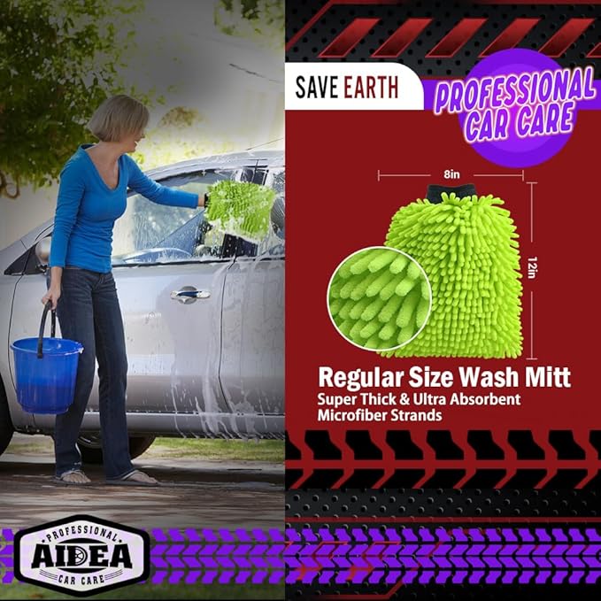 AIDEA Car Wash Mitt Microfiber, 4PK,Car Wash Brush, Green 8''X12'' | Scratch Free Lint-Free, Premium Chenille Microfiber Mitt, Cleaning Supplies, Extra Large Size