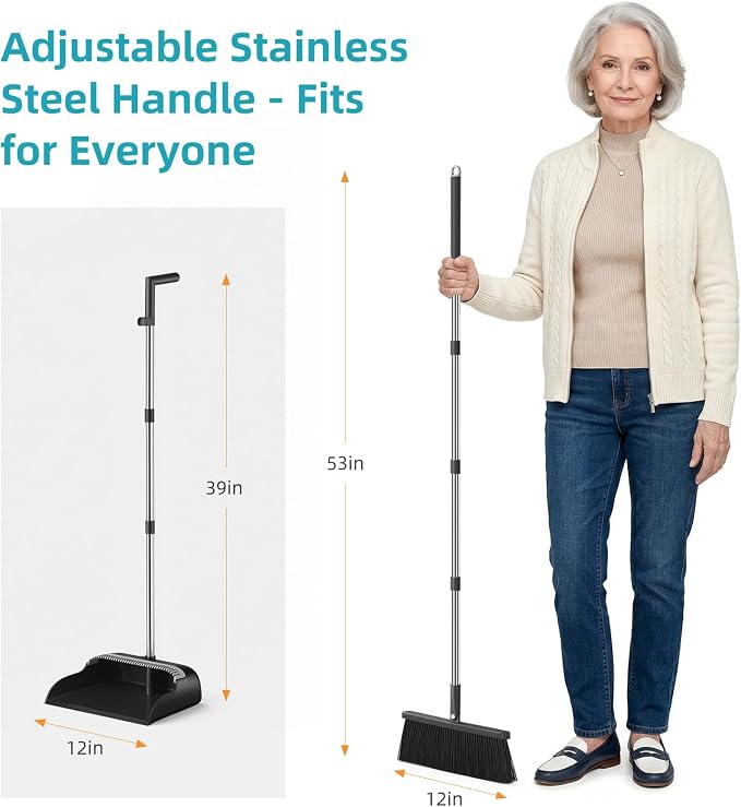 MOPALL Broom with Dustpan Combo Set 53" Long Handle, Includes 2 Broom Heads | Self-Cleaning Dustpan Teeth, 180° Swivel Brooms Head, Angled Bristle, Standing Dustpan for Sweeping Indoor Dog Cat Pets Hair