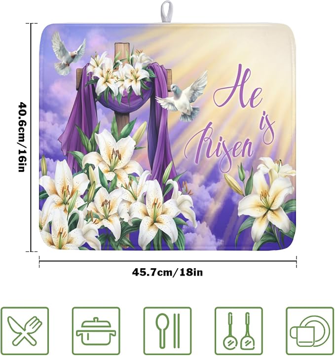 Easter Dish Drying Mat for Kitchen Counter He is Risen Cross Floral Purple Pattern Microfiber Dish Drainer Mat Rustic Absorbent Washable Drying Pad 16"x18"