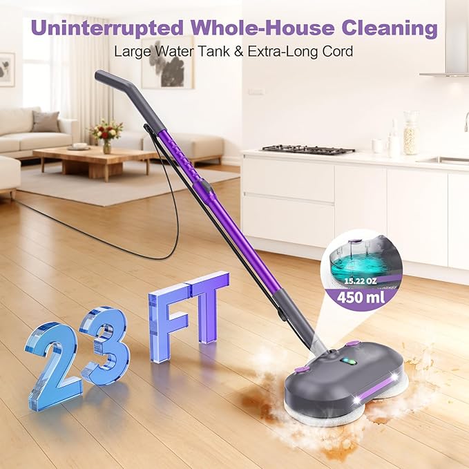 Scrub & Steam Mop with Rotating Mop Pads, Scrubbing and Sanitizing Floor Cleaner, XL Water Tank, 23FT Cord, LED Headlights, Reusable Pads & Self-Standing for Hard Floor/Laminate/Marble