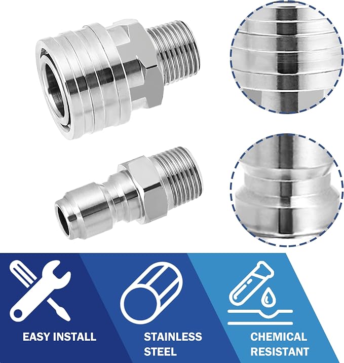 M MINGLE Pressure Washer Adapter Set, 2 Sets 3/8" NPT Quick Connect Fitting | Stainless Steel Pressure Washer Fittings, Male Power Washer Quick Disconnect Kit, Secure Ball Lock Connection, 5000 PSI