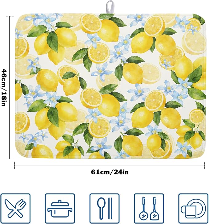 Kawani Lemon Dish Drying Mat 18x24 Inch Absorbent Reversible Summer Drying Mat Floral Lemon Fruits Dish Drying Rack Mat Yellow Summer Themed Dish Drainer Mat for Kitchen Counter Coffee Bar