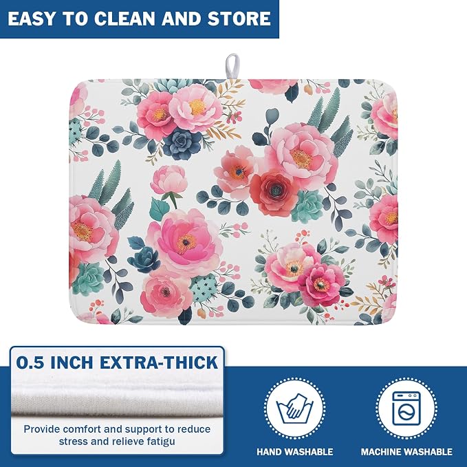 Spring Floral Dish Drying Mat for Kitchen Counter Spring Summer Flowers Kitchen Dish Drying Pad 18”x24” Absorbent Reversible Watercolor Flowers Dishes Drainer Pad Dish Drying Rack Mat for Countertop