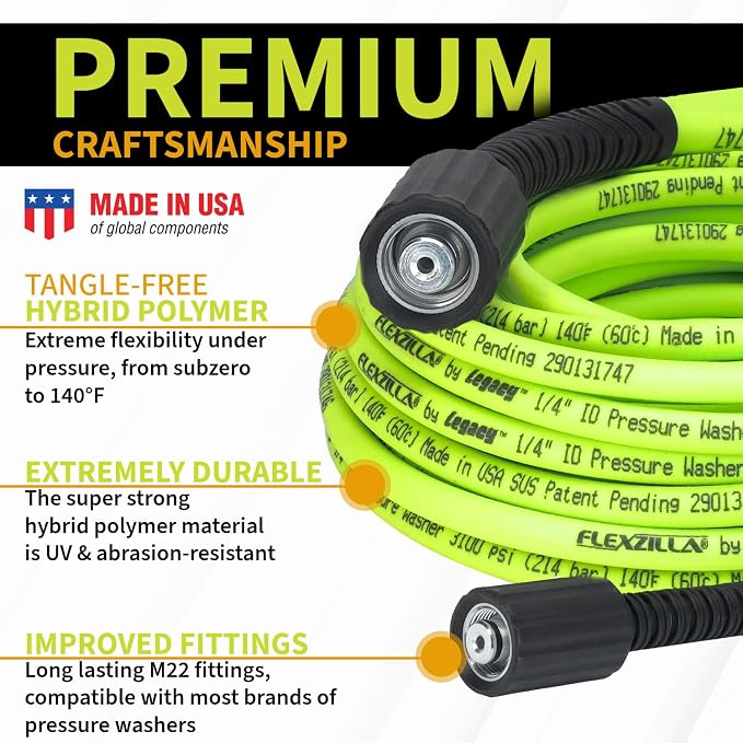Flexzilla Pressure Washer Replacement Hose, 1/4 in. x 50 ft., 3100 PSI, M22 Fittings, No-Kink, Lightweight, ZillaGreen