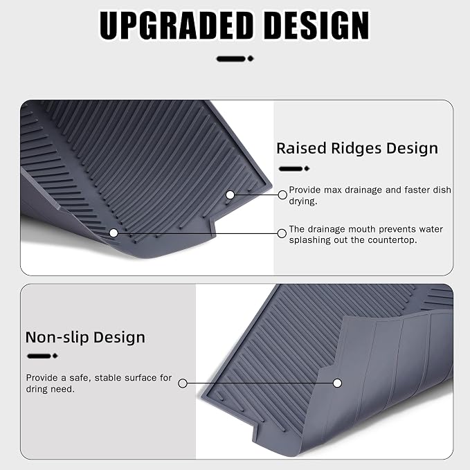 Dish Drying Mat for Kitchen Counter, Silicone Large Dish Drying Pad, Easy Clean Non-slipping Heat Resistant Dish Rack Mat, Foldable Dish Drain Mat, 17'' x 13'', Gray