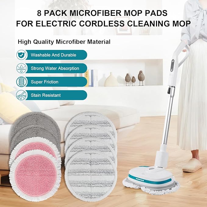 Spin Cordless Electric Mop Pads: 7.5/7.48/7.28/7 Inch Steam/Electric Mop Pads Replacement for Vmai/eous/idoo/alfabot/devoac - Round Velcro Scrubber Reusable Mop Pads Refill for Floor Cleaning 8 Pack