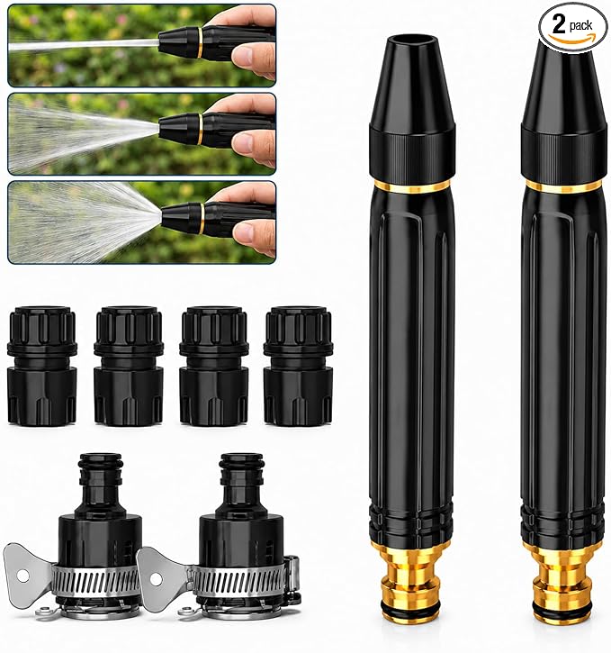 High Pressure Hose Nozzle, Black Alloy Core, 2 Pack | Adjustable high pressure water hose nozzle with jet, mist and shower spray for car washing, patio cleaning, lawn and plants