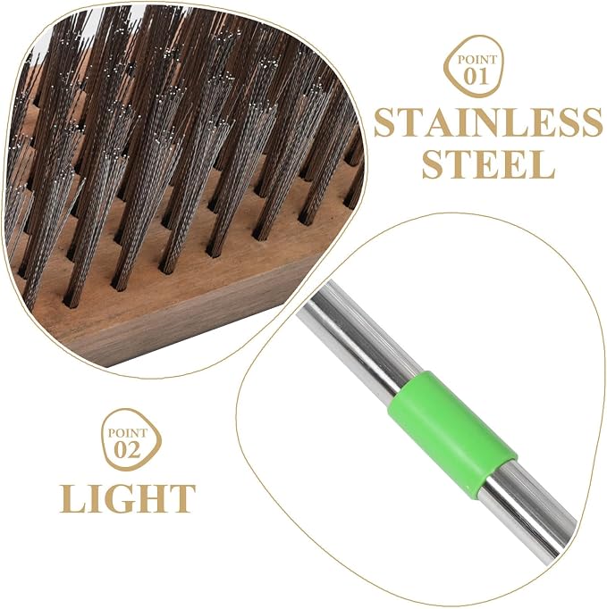 minkissy Long Handle Stainless Steel Scrubber Brush with Hard Bristle Structure for Outdoor Use, Concrete Surfaces and Pool Walls Cleaning, Tough Moss Removal and Deck Restoration