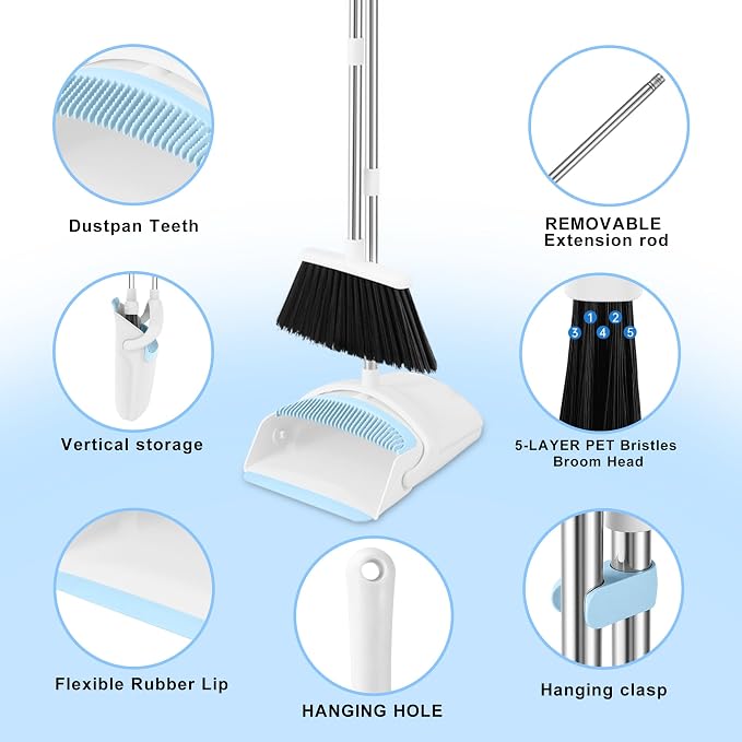 Broom with Dustpan Combo Set for Home, 52-in Long Adjustable Handle Angle Broom and Dustpan Set with Dustpan Comb Teeth for Sweeping Pet Hair Food Dirt Kitchen (White-Blue)