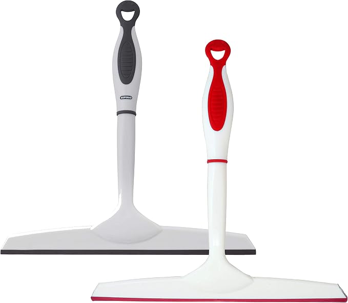 Superio Rubber Squeegee, 2 Pack, Streak Free All Purpose Window Squeegee, Comfort Grip Handle and Hanging Hook (Grey- Red, 10 Inch- 2 Pack)