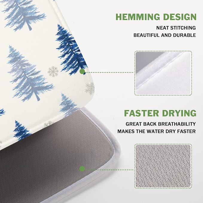 Winter Dish Drying Mat 16 x 18 Inch Blue Tree Dish Drying Pad Absorbent Microfiber Mats for Snowflake Dish Rack Pad for Holiday Kitchen Counter Coffee Bar Decor