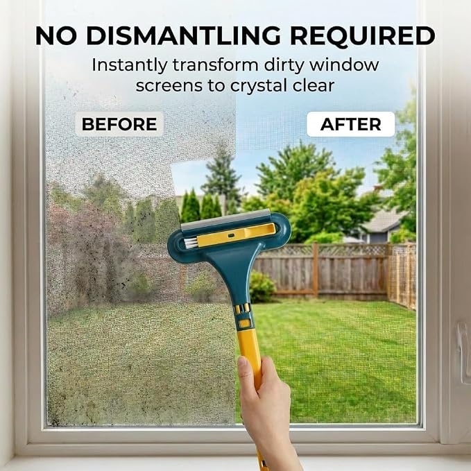 Window Screen Cleaning Brush,2 in 1 Window Screen Cleaner Tool with Squeegee,Mesh Screen Cleaner,Multi-Purpose Cleaning Brush for Patio, Door, Porch Screens (2 Yellow)