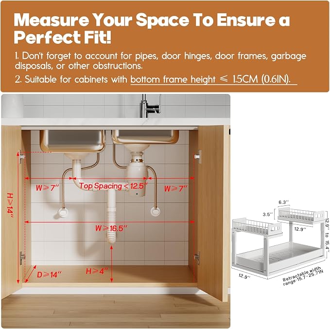 1 Pack-16"-26"W Expandable Under Sink Organizer With Upgrade Ball-Bearing Slide,2-Tier Pull Out Under Cabinet Organizer Height Adjustable,Not Suitable For Cabinets With Partitions In The Middle