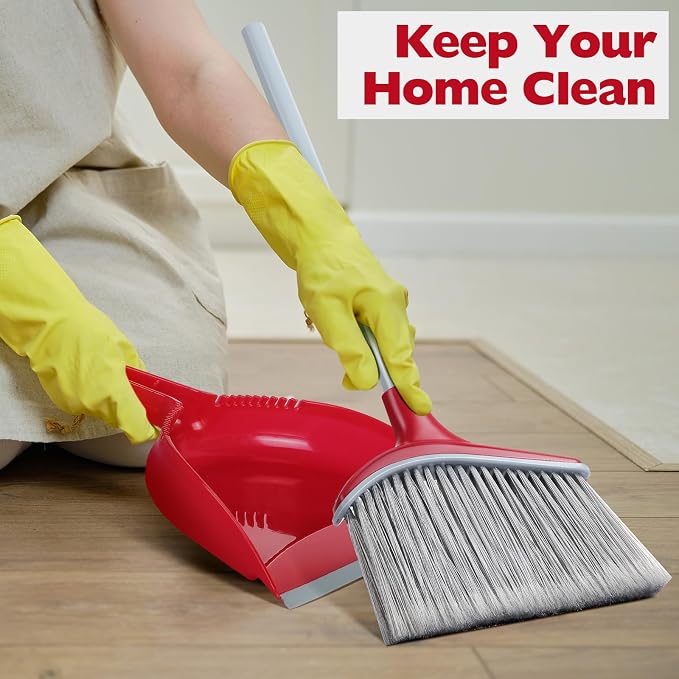 Meanplan 6 Pcs Angle Broom and Dustpan Combo Set for School Classroom 54 Inch Outdoor Indoor Cleaning Broom Commercial Broom with Step-on Dustpan for Home Kitchen Office Floor Dirt Dust Hair Cleaning