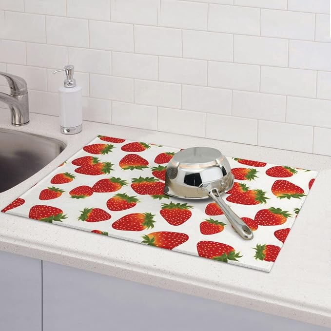 Cute Strawberry Dish Drying Mat For Kitchen Counter, Super Absorbent Microfiber Dish Drying Pad, Kitchen Gadgets For Easy Clean Multi-Use Large 18"x24"