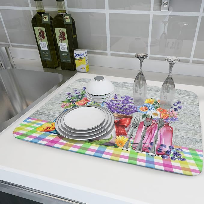 Kawani Spring Summer Flowers Dish Drying Mat for Kitchen Counter 16"x18" Spring Floral Jars Drying Mat Soft Absorbent Microfiber Farmhouse Colorful Floral Dish Drainer Rack Mats for Counter tops