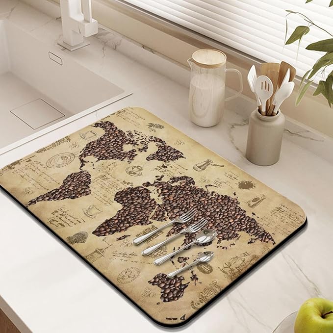 Coffee Bar Mat Accessories for Countertop - Super Absorbent Anti-Slip Silicone Flower Dish Drying Mats for Kitchen Counter - Draining Pad Decor Gift - Fit Coffee Maker, Espresso Machine - 24inx18in