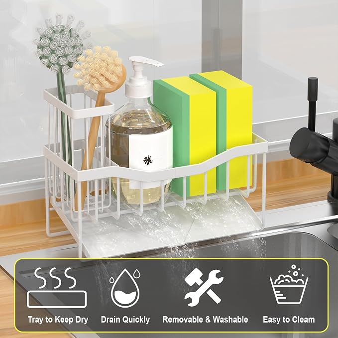Fssvcd Maifan Sink Caddy Sponge Holder for Kitchen with Brush Holder and Stainless Steel Self Drain Tray, Rustproof Kitchen Sink Organizer for Sponge, Soap Dispenser Storage Accessories