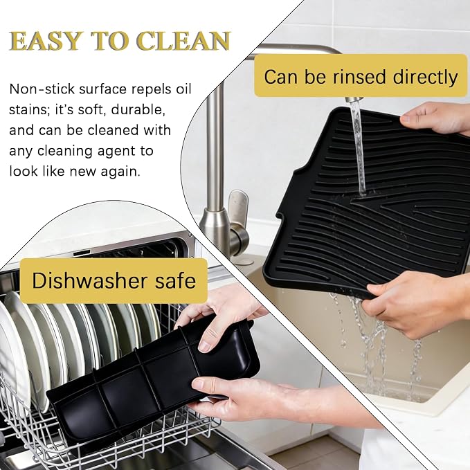 Silicone Drying Mat, 16"X13" With Built-in Drain Lip,Heat-Resistant,Eco-friendly,Hygienic Drying Pad,Leak-Proof and Non-Slip,Silicone Dish Drying Mat for Kitchen Counter or Sink（Black 16X13）