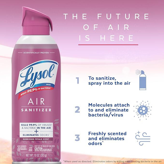 Lysol Air Sanitizer Spray with Bacterial Odor Eliminator for Home & Office, Sanitizing Air Spray, Air Freshener Alternative, Sunkissed Petals Scent, 10 oz (Pack of 3)