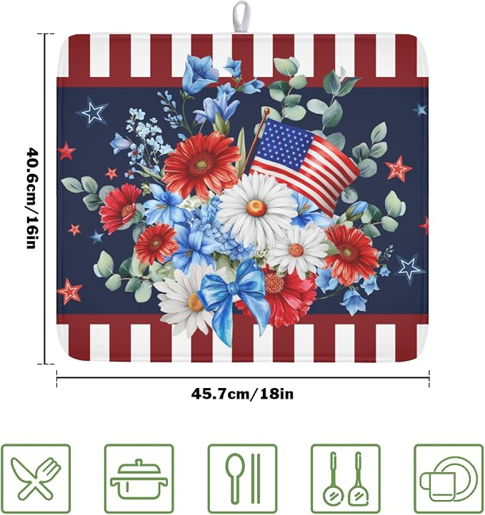 4th of July Dish Drying Mat for Kitchen Counter Patriotic Red Blue and White Floral American Flag Microfiber Dish Drainer Mat Absorbent Washable Drying Pad Extra Large 16"x18"