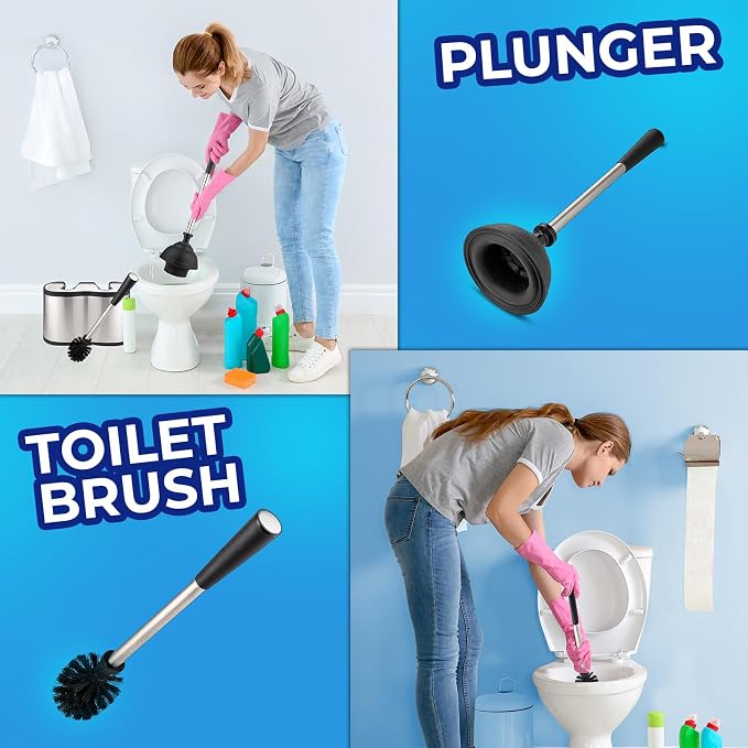 UMIEN 2-Pack Toilet Brush and Plunger Set for Bathroom - Toilet Bowl Brush Plunger Combo with Freestanding Canister - Replaceable Head, No-Rust Stainless Steel, Long Handle - Satin Nickel