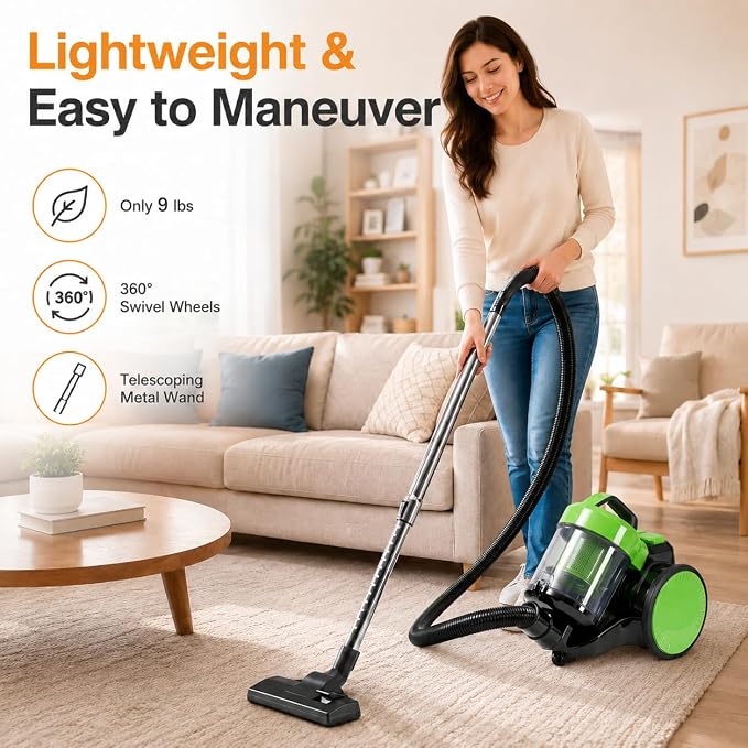 Simple Deluxe Household Portable 16.4Ft Vacuum Cleaner, 16Kpa Bagless Canister Cleaner, Lightweight Powerful Vacuum for Carpets and Hard Floors, with Washable HEPA Filter, Green