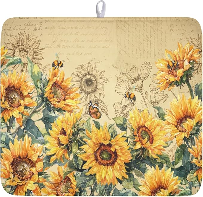 Sunflower Dish Drying Mat for Kitchen Counter Vintage Yellow Sunflowers Microfiber Dish Drainer Mat Spring Summer Watercolor Floral Absorbent Washable Drying Pad Extra Large 16"x18"