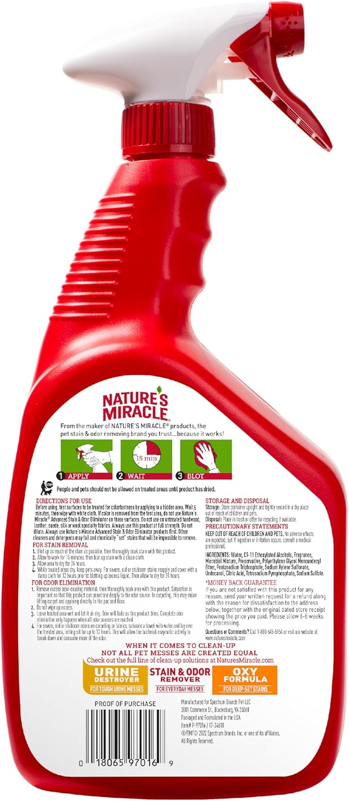 Nature’s Miracle Advanced Dog Stain & Odor Eliminator, Severe Mess, 32 oz | Enzymatic Cleaner Eliminates the Toughest Dog Messes, For Use on Multiple Surfaces, Safe For Pets and Home*, Fresh Scent