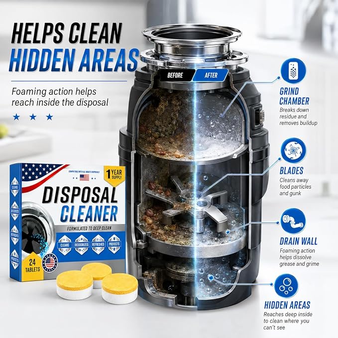 Garbage Disposal Cleaner Deodorizer Tablets, XL Citrus Foaming Tablet for Kitchen Sink Residues Freshener, Drain Cleaner & Odor Eliminator, Septic Safe Kitchen Disposal Care, 24 Pack for 1 Year Supply