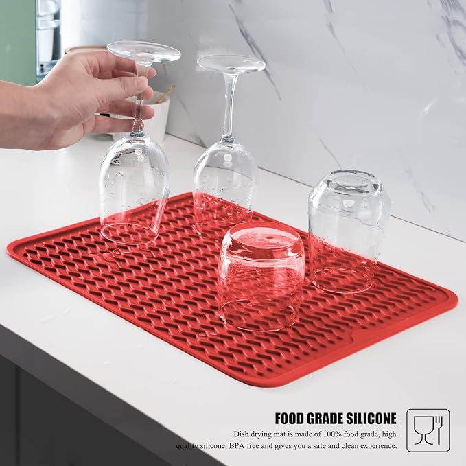 Silicone Dish Drying Mat, Non-Slip Easy Clean Sink Mat Large Heat-resistant Dish Drainer Mat for Kitchen Counter, Sink, Refrigerator or Drawer liner (16" x 12", RED)