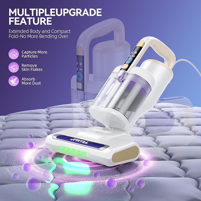 Mattress Vacuum Cleaner, 20Kpa Suction Bed Vacuum Cleaner with 253.7nm UV-C Light, 140°F Heated Air, 30000 RPM Brushroll, 40,000Hz Ultrasonic, HEPA Filter, for Bed, Sofa, 500W Corded (White)