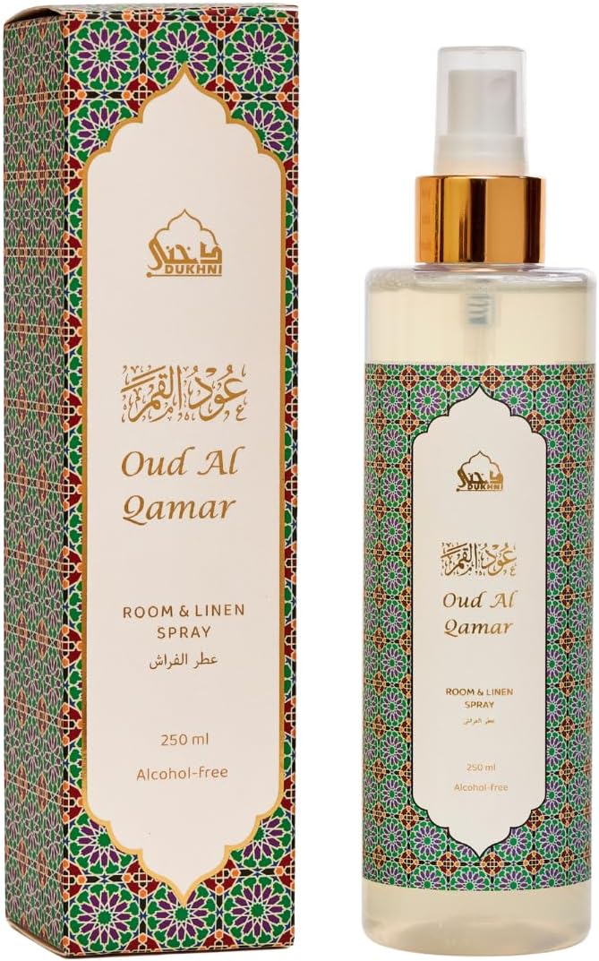 Oud Al Qamar Floral Spray by Dukhni | 250ml Oud Air Freshener for Home | Floral Oud Fabric Spray for Home, Prayer Mats, Bed, Linen, Sofa, Curtain, Car | Oud Room Freshener, Odour Eliminator