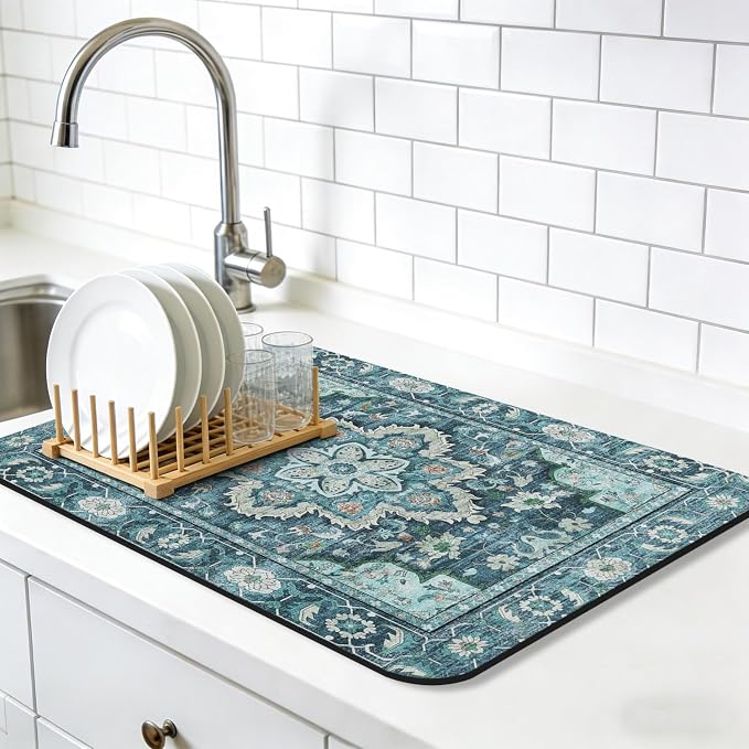 Dish Drying Mat, Vintage Rustic Boho Kitchen Dishes Absorbent Pad, 18x24in | Eco-friendly diatomite with non-slip rubber backing. Super absorbent mat for kitchen counters, coffee bars & sinks