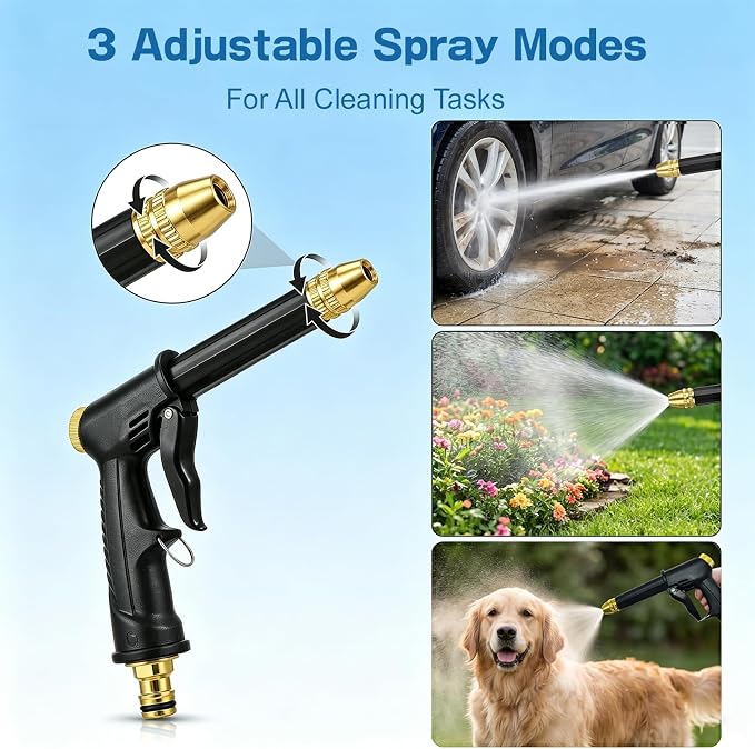 Jetterix High Pressure Water Jet Nozzle, Pressure Washer Gun, Heavy Duty Adjustable Twist Hose Nozzle Jet Sweeper Nozzle for 3/4" Garden Hose, 3 Spray Modes for Car Yard Patio Pets Washing (D)