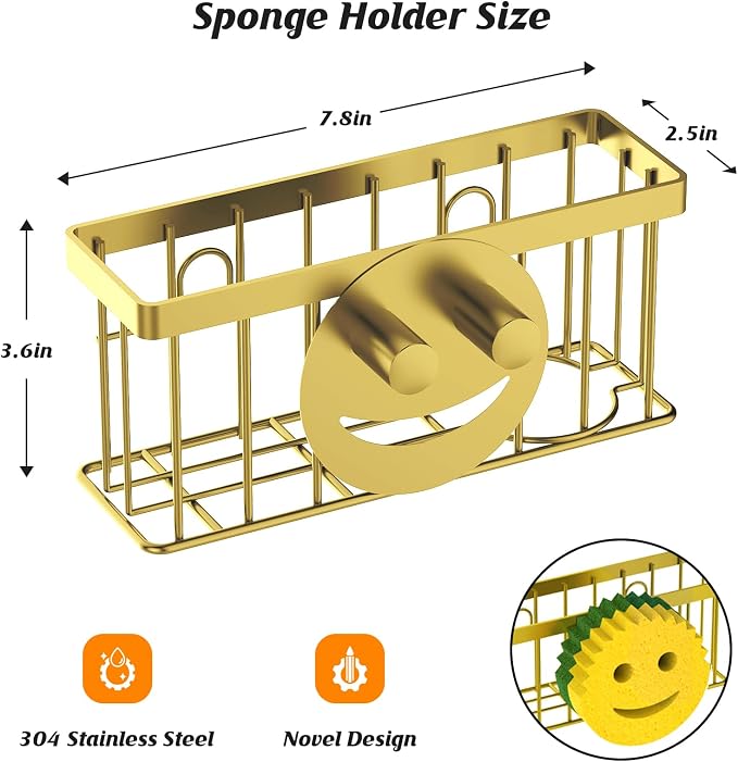 MURLONG Sponge Holder Smiley Face, Sink Caddy for Kitchen Sink, Sink Organizer Sponge Holder with 2 PCS Suction Cups/1 PCS Adhesive Strips, Designed for Sponge, Soap, Dish Brush, Scrubber-Gold