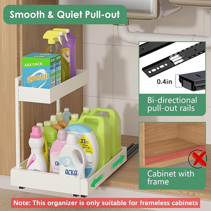 REALINN L-Shaped Under Sink Organizer with 6-Level Height Adjustment & Expandable Width, Pull-Out Cabinet Storage Rack with Quiet Sliding Rails for Kitchen, Bathroom, Laundry Room Cabinets, White