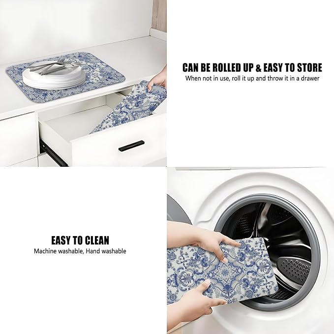 Dish Drying Mat 2-Pack with Baroque for Kitchen Counter Absorbent Dishes | Diatom Mud Mats (18x24, 19.5x12"). Non-slip rubber back for kitchen counter, coffee bar & sink scenes