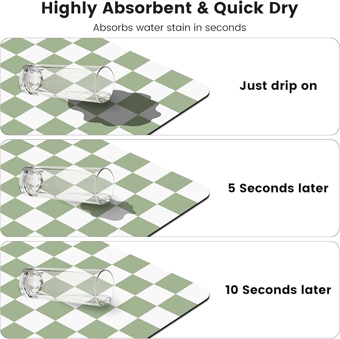 12" x 20" Checkered Dish Drying Mat for Kitchen Counter, Absorbent Coffee Bar Mat for Espresso Machine Coffee Countertops Accessories, Sage