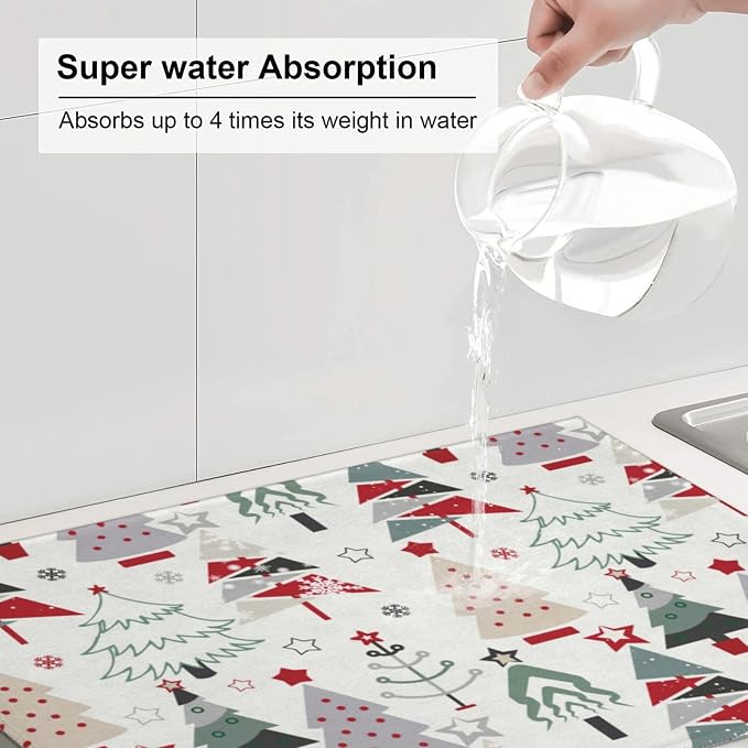 Beautiful Christmas Tree Dish Drying Mat For Kitchen Counter, Super Absorbent Microfiber Dish Drying Pad, Kitchen Gadgets For Easy Clean Multi-Use Large 18"x24"