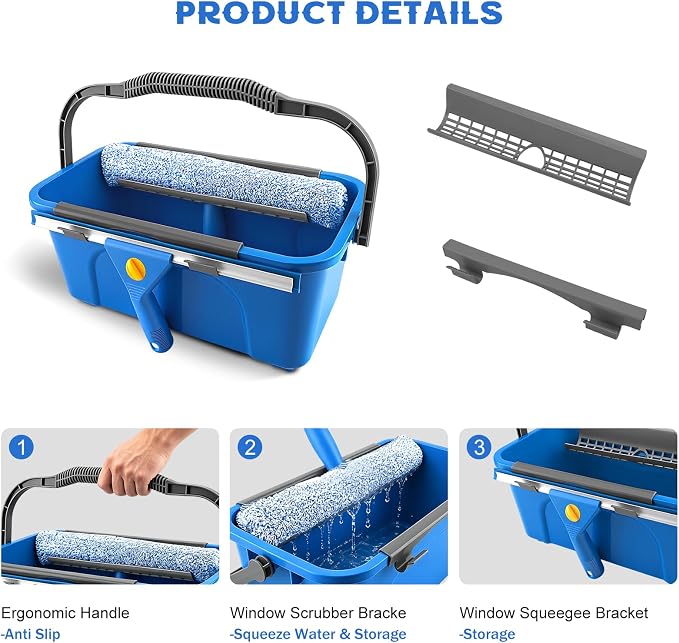 SetSail Window Cleaning Kit with Bucket 3 Gallon for Home Outdoor, Blue | Window Squeegee and Microfiber Scrubber, 64" Window Washing Kit, Professional Window Cleaner Tool for Commercial Car