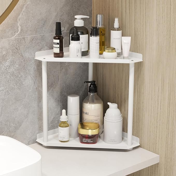 Jesginboo 2 Tier Bathroom Counter Organizer, Vanity Organizer Corner Shelf | Skincare, Makeup Countertop Organizers, Kitchen, Bathroom Counter Storage, White