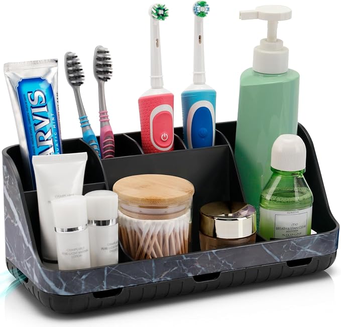 GFWARE Marble Black Toothbrush Holders for Bathrooms - Detachable 7 Slots Bathroom Organizer Countertop Matte Black Electric Toothbrush and Toothpaste Holder for Bathroom Counter Vanity Sink Storage