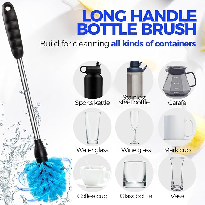 Holikme 5 Pack Bottle Brush Cleaner Set, 14" Long Handle Stainless Steel Bottle Cleaner Brush, 3 Straw Brushes, Bottle Cleaning Brush for Water Bottle, Cups, Baby Bottle, Straws Blue