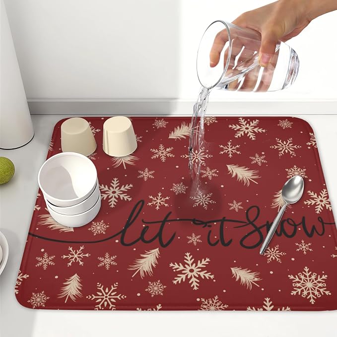 Christmas Snowflake Dish Drying Mat for Kitchen Counter 16x18 Inch | Red Xmas Theme Snowflakes Trees Snowy Dish Drainer Mat Rustic Winter Holiday Absorbent Washable Drying Pad