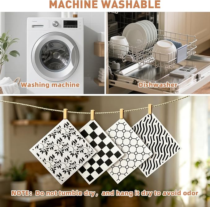 4 PCS Swedish Dishcloths, Geometric Pattern Reusable Kitchen Dish Cloths, Super Absorbent Cellulose Sponge Cloths, Odor Resistant, Dishwasher Safe & Multi-Purpose Cleaning Cloths